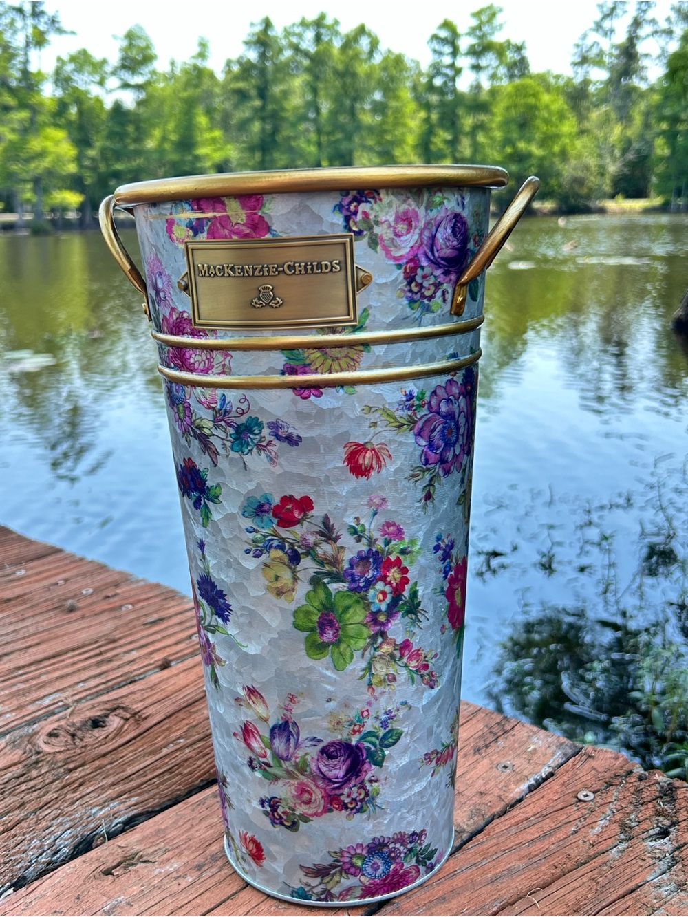 MacKenzie-Childs Floral Metal Umbrella Vase with Gold Accents